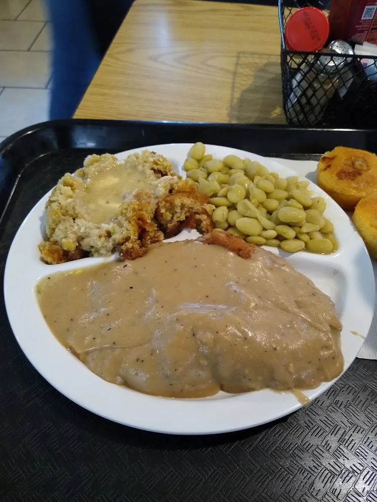 Country Fried Steak with Lima Beans and Dressing with Gravy Thursday Is Banana Pudding Day